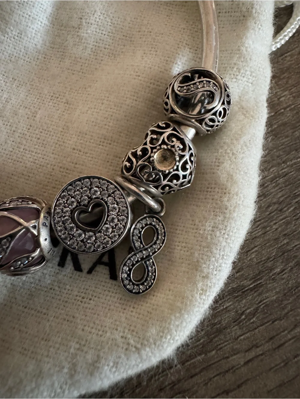 Pandora Silver Charm Bracelet with Heart, Infinity and Travel Charms